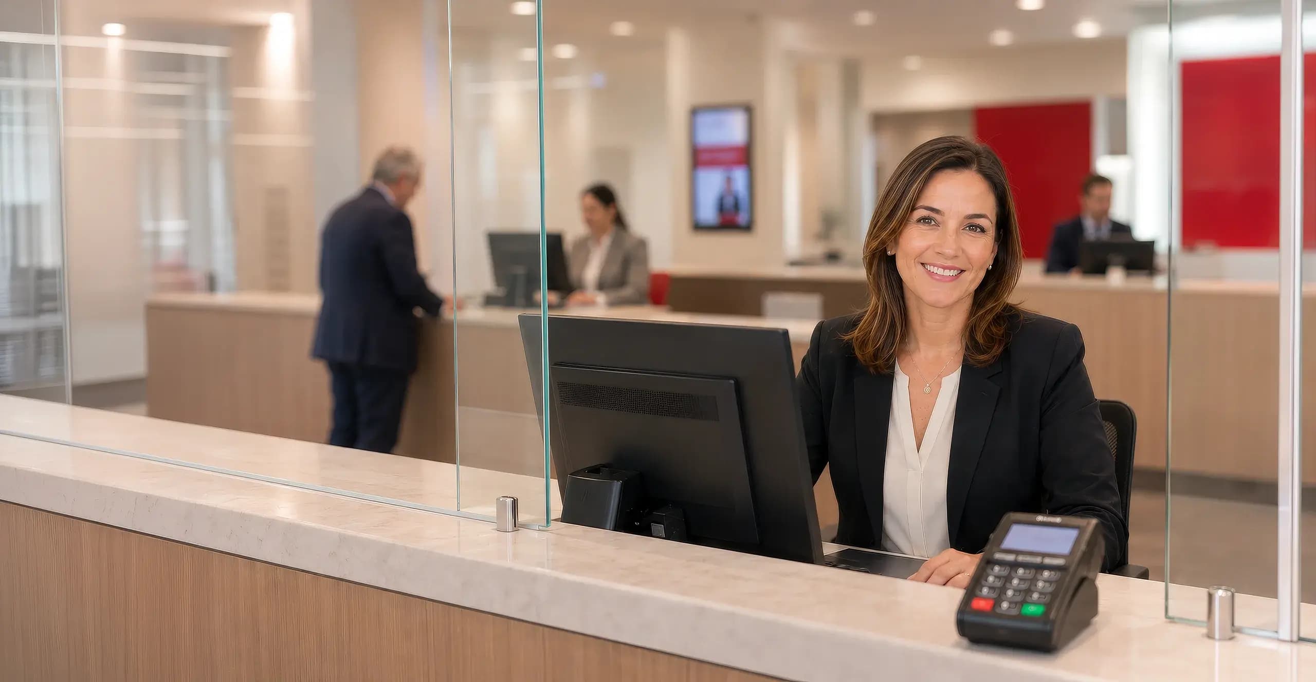 A bank teller smiling at the counter of their branch